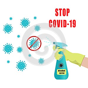 Coronavirus protection illustration. A gloved hand holds a bottle of antiseptic spray.