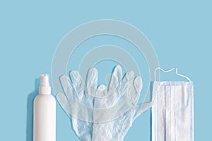 Coronavirus protection, Remedies. flat lay medical protective masks, gloves, hand sanitizer bottles, antiseptic, disinfectoion, sp