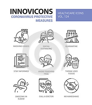 Coronavirus protective measures - line design style icons