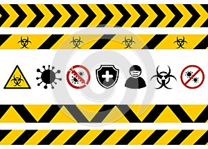 Coronavirus quarantine, biohazard symbol, protective tape, epidemic icon set