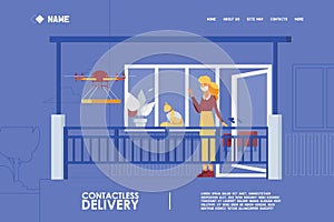 Coronavirus quarantine concept landing page or banner about food delivery by dron helicopter on blue background photo