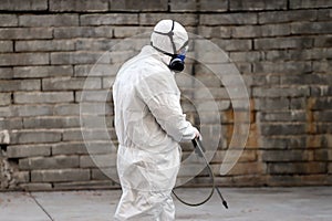 Coronavirus Quarantine. Disinfection and decontamination on a public place as a prevention against Coronavirus disease 2019, COVID photo