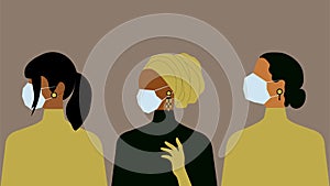 Coronavirus quarantine. Women in medical masks of different nationalities and religions. Women`s Day.