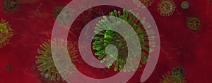 Coronavirus in red artery and in soft-focus in the background. 3D illustration