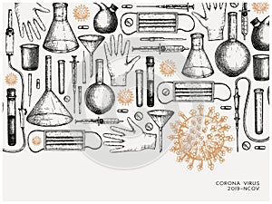 Coronavirus research and prevention methods. Coronavirus hand drawn A4 design template. New epidemic 2019-nCoV. Vector banner