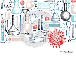 Coronavirus research and prevention methods. Coronavirus hand drawn A4 design template. New epidemic 2019-nCoV. Vector banner
