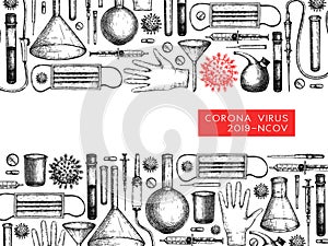 Coronavirus research and prevention methods. Coronavirus hand drawn A4 design template. New epidemic 2019-nCoV. Vector banner