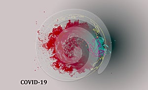 Coronavirus SARS-CoV-2. COVID-19. Virus, pandemic disease explosion on the Earth and continents silhouette background.