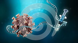 Coronavirus or sars-cov-2 virus cell with messenger RNA or mRNA and syringe on blue background 3D rendering illustration with copy