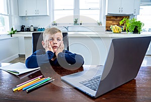 Coronavirus school closures and lockdown. Bored kid with face mask studying online class at home