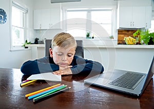 Coronavirus school closures and lockdown. Bored kid with face mask studying online class at home