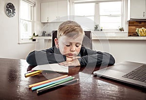 Coronavirus school closures and lockdown. Bored kid with face mask studying online class at home photo