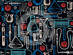 Coronavirus seamless pattern. Medicine equipment and protectors against corona virus and other infection. Hand drawn glass pipette
