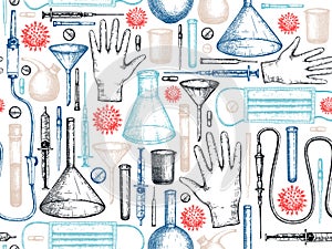 Coronavirus seamless pattern. Medicine equipment and protectors against corona virus and other infection. Hand drawn glass pipette