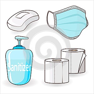 Coronavirus set. Medical mask. Protective  mask. Toiler paper. Soap. Sanitizer for hands. Disinfection. White background. Flat