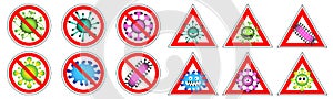 Coronavirus. Set of prohibiting signs and warning signs. Danger of covid-19. Vector illustration