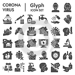 Coronavirus solid icon set, Covid-19 symbols set collection or vector sketches. 2019-ncov prevention signs set for