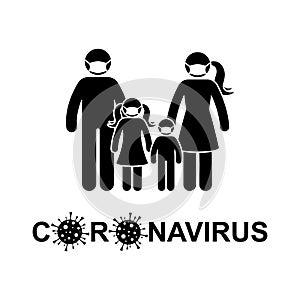 Coronavirus stick figure man, woman, children, kid icon sign symbol vector. Stickman family wearing mask to avoid virus infection