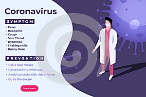Coronavirus symptom and prevention infographic with doctor in mask.