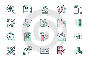 Coronavirus test line icons. Vector illustration include icon - vaccine clinical trial, antibody, rapid kid, blood