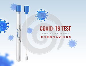 Coronavirus test tube. Realistic cotton swab virus testing, transparent container, laboratory analysis, covid antibody