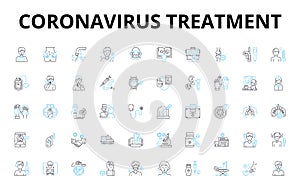 Coronavirus treatment linear icons set. Vaccine, Remdesivir, Hydroxychloroquine, Oxygen, Ventilator, Antibiotics