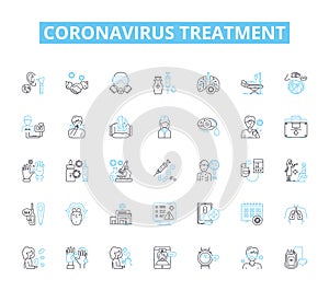 Coronavirus treatment linear icons set. Vaccine, Remdesivir, Hydroxychloroquine, Oxygen, Ventilator, Antibiotics