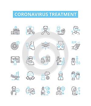 Coronavirus treatment vector line icons set. Vaccine, Medicine, Antivirals, Remdesivir, Hydroxychloroquine, Plasma photo