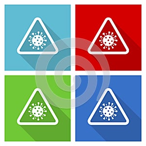 Coronavirus triangle warning sign, covid-19 caution icon set, flat design vector illustration in eps 10 for webdesign and mobile