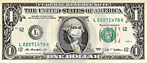 Coronavirus in USA, 1 dollar money bill with face mask. COVID-19 affects global stock market. World economy hit by corona virus