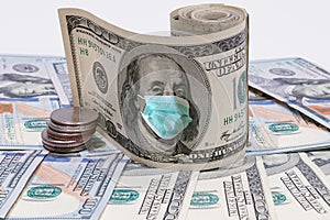 Coronavirus in USA, money bills with face mask