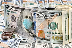 Coronavirus in USA, money bills with face mask