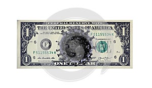 Coronavirus in the USA. Montage of a banknote of 1 US dollars with a virus 3D model instead of a portrait. A global threat to the