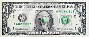 Coronavirus in USA. One dollar banknote, George Washington wearing medical face mask against covid-19 infection. Financial crisis.