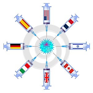 Coronavirus vaccination campaign covid 19. Syringe israel, germany and usa, canada italy against virus concept