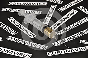 Coronavirus vaccination. Medical syringes and coins
