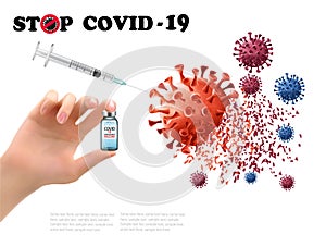 Coronavirus vaccine background. Hand holding bottle with vaccine destroying virus COVID - 19 molecule. Stop Coranavirus concept. photo