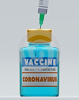 Coronavirus vaccine, protection campaign, health. Diseases and cures. Syringe and solution in bottle.