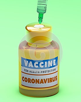 Coronavirus vaccine, protection campaign, health. Diseases and cures. Syringe and solution in bottle.