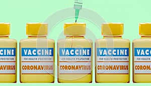 Coronavirus vaccine, protection campaign, health. Diseases and cures. Syringe and solution in bottle.