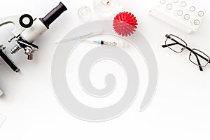 Coronavirus vaccine, research with microscope. White background top view copy space