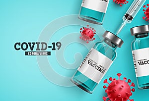 Coronavirus vaccine vector background. Covid-19 corona virus vaccination with vaccine bottle