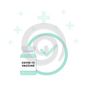 Coronavirus vaccine. Vial bottle, clock and crosses. For prevention and immunization from Covid-19. Vector illustration, flat