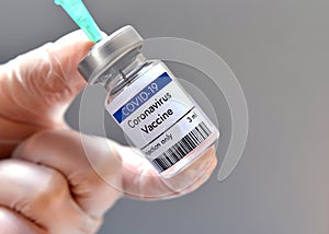 Coronavirus vaccine vial at Pfizer medical research laboratory in United States photo