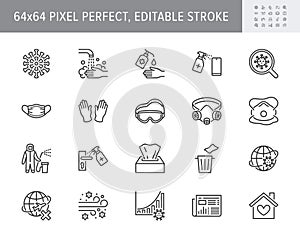 Coronavirus, virus prevention line icons. Vector illustration include icon - wash hands disinfection, face mask