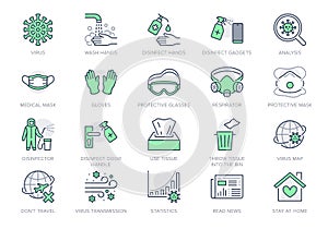 Coronavirus, virus prevention line icons. Vector illustration include icon - wash hands disinfection, face mask