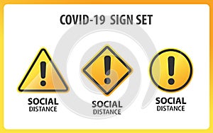 Coronavirus warning and attention icon. Exclamation mark health danger sign, COVID-19 epidemic and pandemic symbol. photo