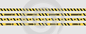 Coronavirus warning sign. Covid-19 warning stripes. Quarantine biohazard symbol. Yellow and black stripes tape. Global epidemic.