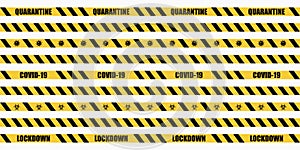 Coronavirus warning sign. Covid-19 warning stripes. Quarantine biohazard symbol. Yellow and black stripes tape. Global epidemic.