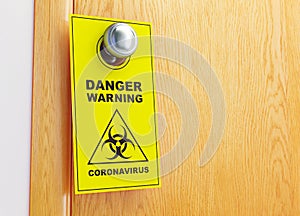 Coronavirus warning sign on the door 3D illustration, 3D rendering